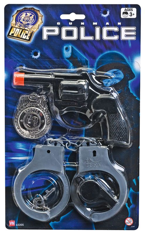 Politisett med pistol og håndjern + skilt