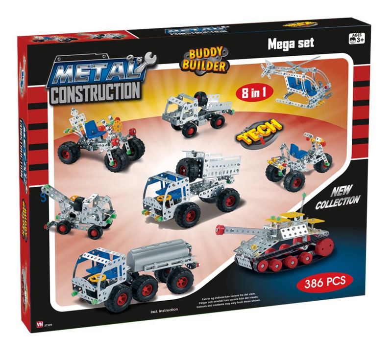 Metall Byggesett 8 biler i 1 eske 386 deler